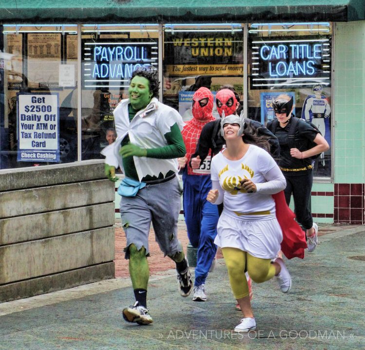 Hulk, Two Spidermen, Batman and a Super Gal