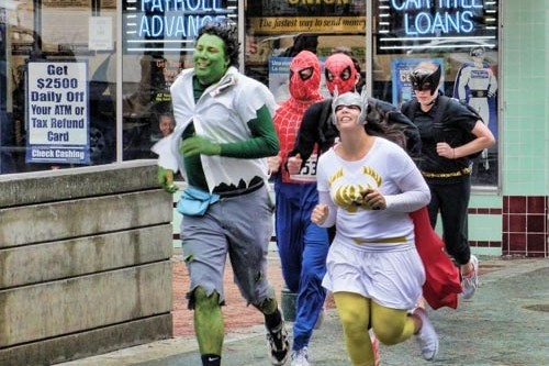 Hulk, Two Spidermen, Batman and a Super Gal
