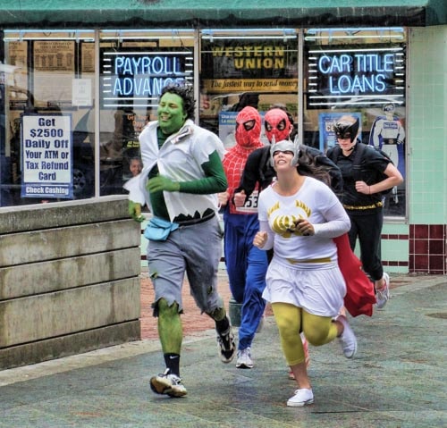 Hulk, Two Spidermen, Batman and a Super Gal