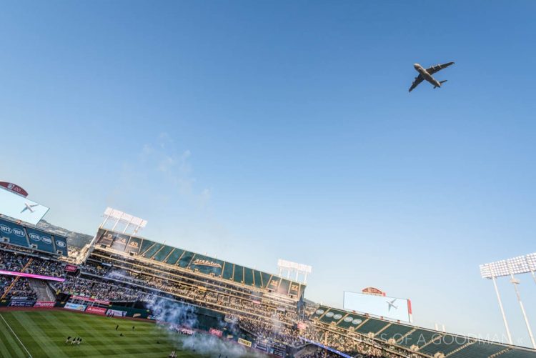 A military flyover above the Oakland Coliseum during the 2016 MLB Opening Day