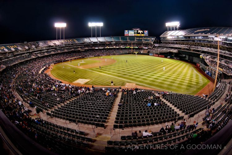 A view of a night game at Oakland Coliseum From the Upper Decks in Rightfield with a 10.5mm Fisheye