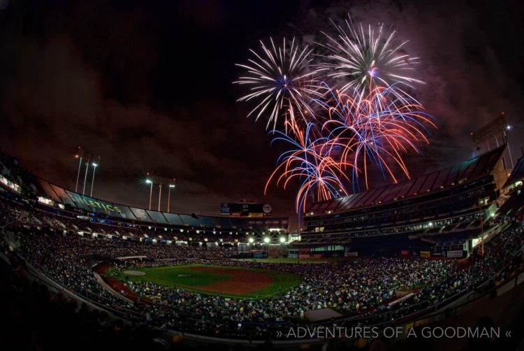 Fireworks at the Oakland Coliseum during 2015