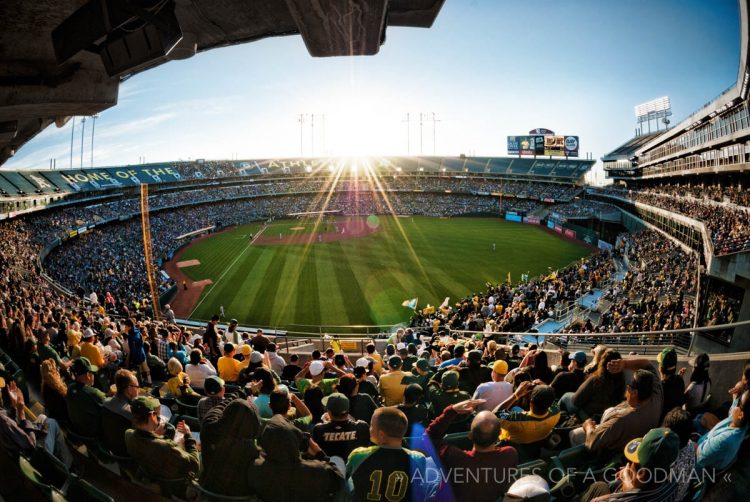 Sunset over an Oakland A's game at the Coliseum