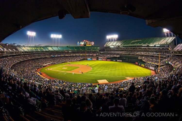 A view of a night game at Oakland Coliseum From the Upper Decks in Rightfield with a 10.5mm Fisheye