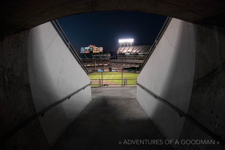 Looking at the field through the upper deck hallways at the O.Co Coliseum