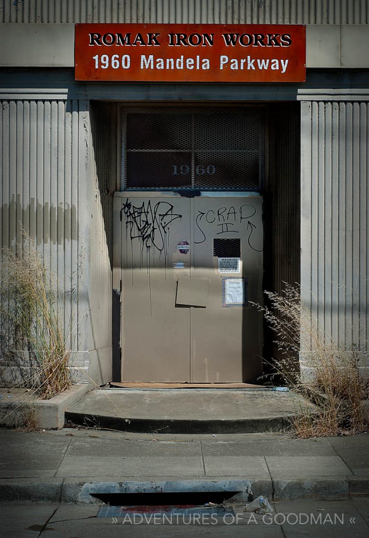 A side door to the Romak Iron Works in Oakland, California