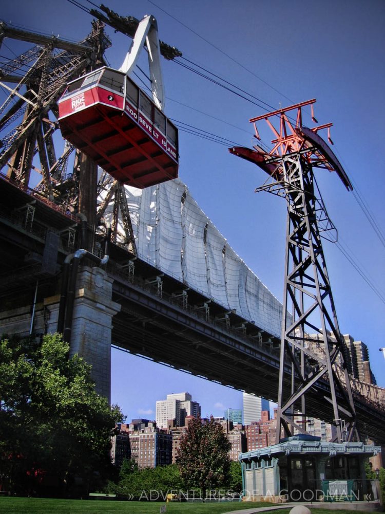 The Tram Lands on Roosevelt Island in front of Historical Society kiosk