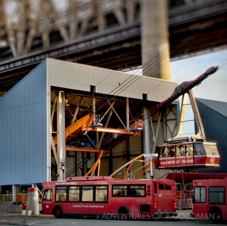 The Tram Lands on Roosevelt Island where the Red Buses wait to shuttle people around The Roc