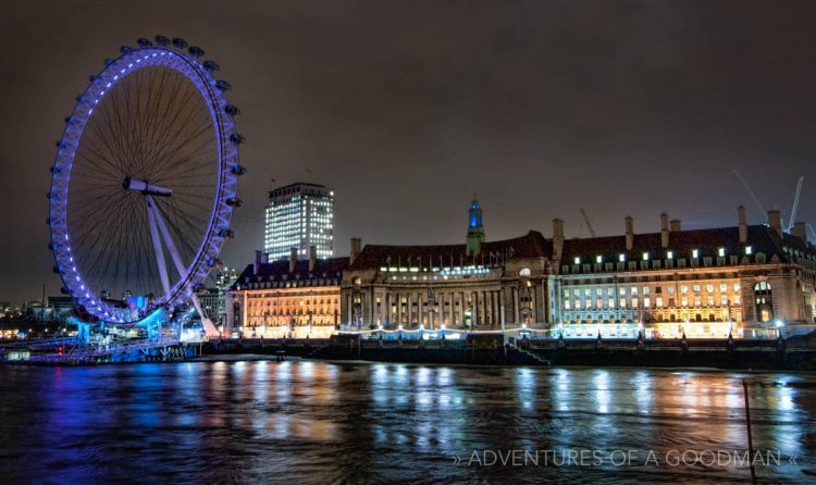 The London Eye ferris wheel, located alongside the River Thames