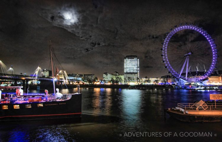 The London Eye ferris wheel, located alongside the River Thames