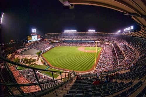 The view of Angel Stadium from the very last seat in the left field upper deck