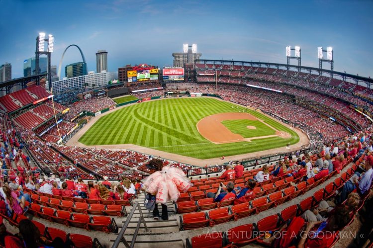 The Gateway Arch features prominently in the St. Louis skyline from Busch Stadium