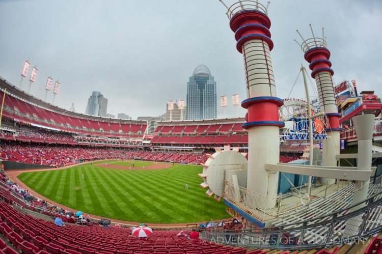 Steamboat smokestacks adorn the centerfield promenade at Great American Ballpark in Cincinnati, Ohio - home of the Reds