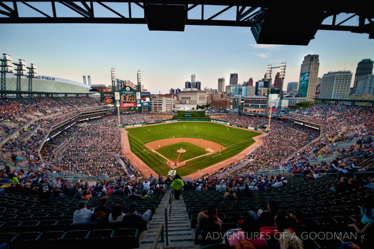 Comerica Park and the Detroit skyline during a Tigers baseball game