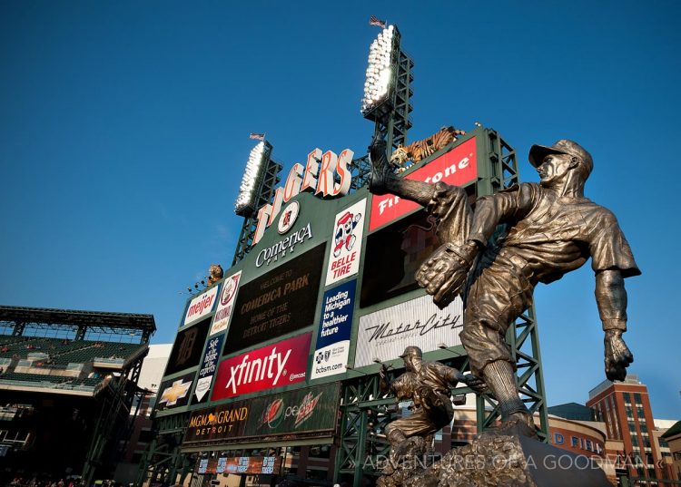 The scoreboard at Comerica Park is flanked by a statue of Hal Newhouser