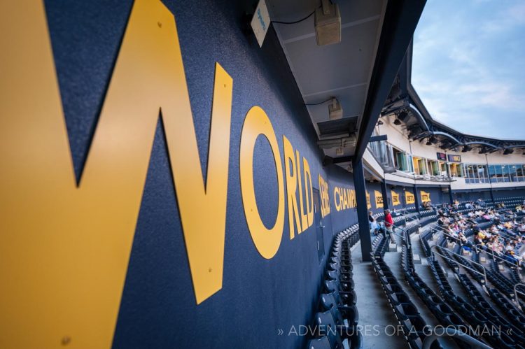 The upper deck of PNC Park has painted flags commemorating the Pirates' World Series championships