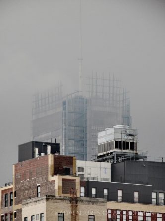 A foggy midtown skyline, as seen from the Highline in New York City