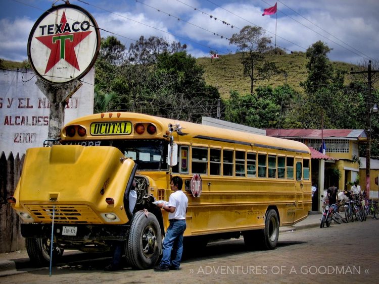 A Nicaraguan chicken bus broken down in the town of Jicaro