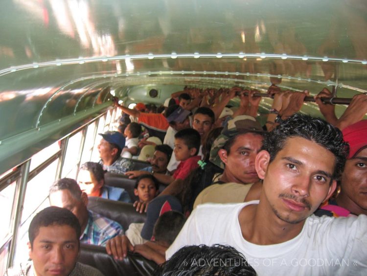 A packed Nicaraguan chicken bus goes between Murra and Jicaro