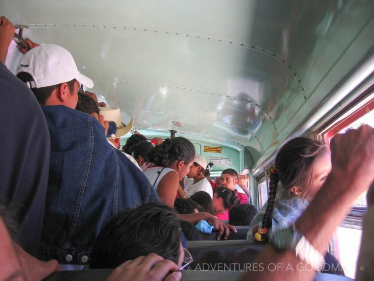 A packed Nicaraguan chicken bus goes between Murra and Jicaro
