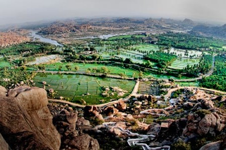 The rice fields of Hampi, India, as seen from the Anegondi Hanuman Monkey Temple