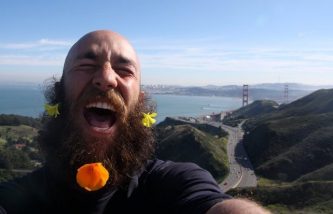 Jordan in front of the Golden Gate Bridge during his year-long walk from Canada to Mexico