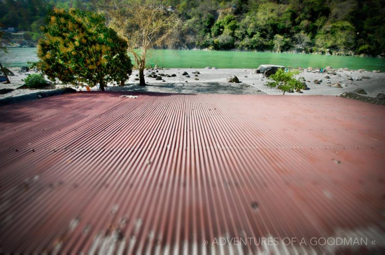 Looking down at the Ganges River between Laxshman Jhula and Ram Jhula in Rishikesh, India