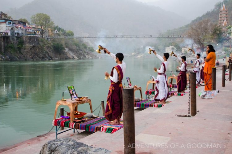 A puja on the shores of the Ganga River in Rishikesh, India