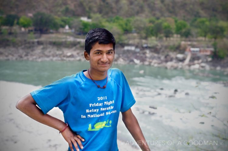 Shiva standing in front of the Ganges River, on the property of the River View Guesthouses