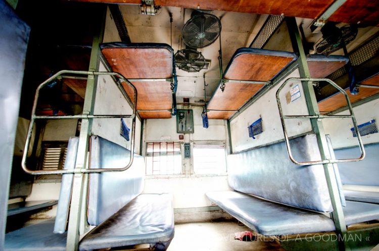 Benches and sleeping berths in an empty Indian Sleeper Class train