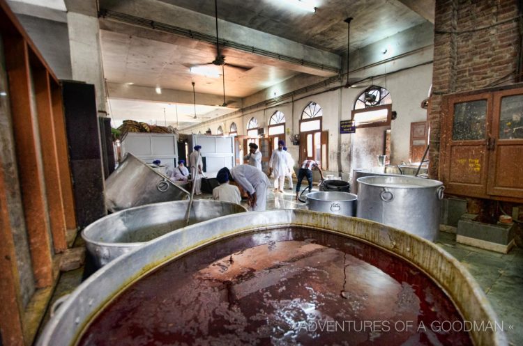 Giant cauldrons are used to cook all the food served at the Golden Temple Free Kitchen in Amritsar