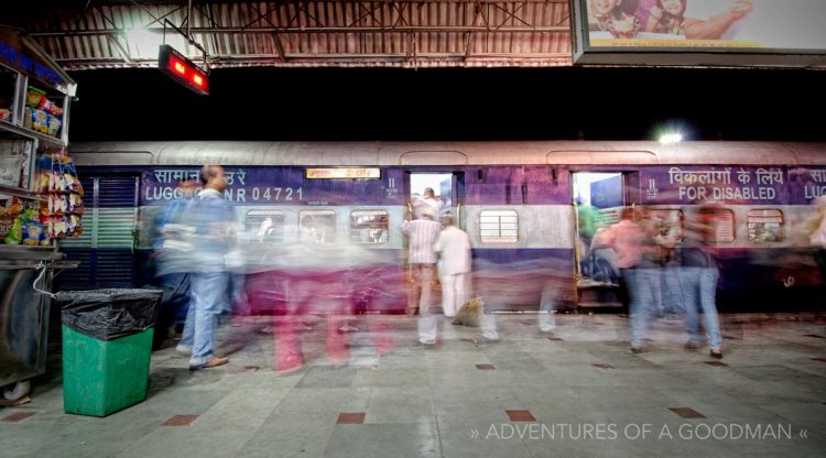 A long exposure of passengers getting on and off a train at the Haridwar Train Station