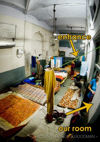 The main dorm room of the Shri Guru Ramdas Niwas pilgrim's lodge in Amritsar