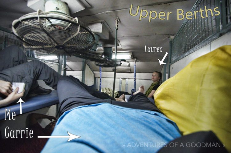 Carrie's view of me, Lauren and herself in our Upper Berths of an Indian sleeper class train