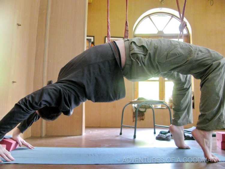 Me working hard at my form during Iyengar Yoga training in Bhagsu, India