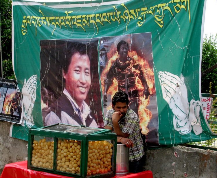 It’s tough to avoid the images of monks on fire in McLeod Ganj, as the signs are everywhere…like this one next to the Dalai Lama compound and behind a street food vendor