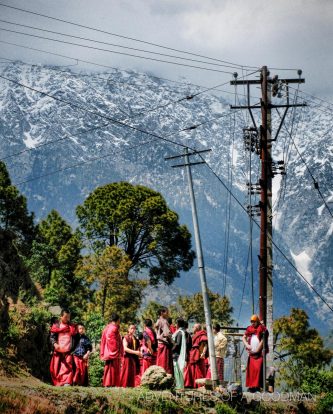 A monk field trip beneath to check out the Himalayas by Naddi in McLeod Ganj, Dharamasala, India