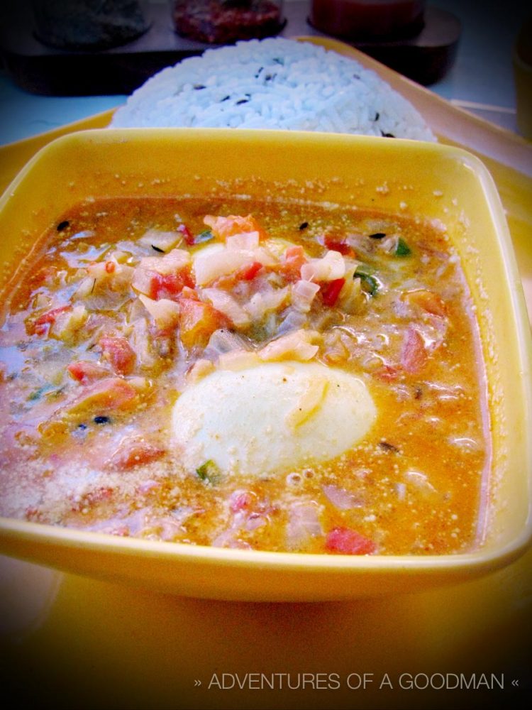 Egg curry and rice at a tourist "Continental" restaurant in Bahgsu, McLeod Ganj, India