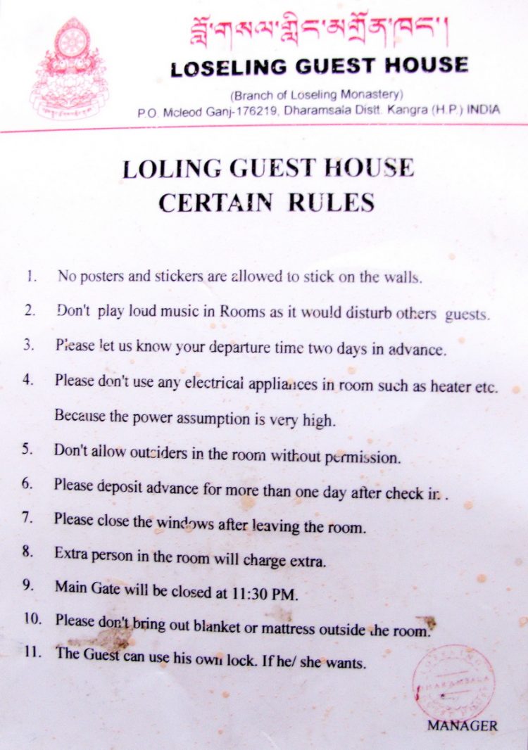 The list of rules at the Buddhist-run Loling Guesthouse in McLeod Ganj, Dharamsala, India
