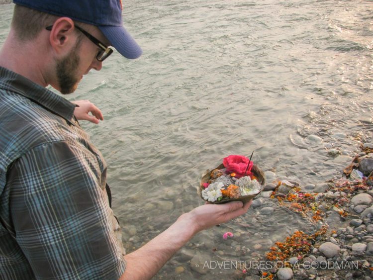 Performing a puja for Aunt Donnie in the Ganges River near Rishikesh, India