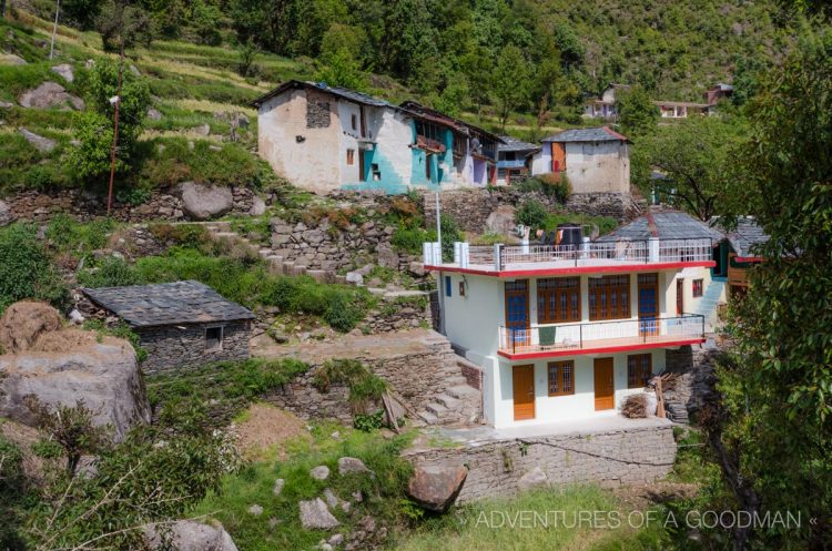 Guesthouses are built into the hillside in Bhagsu, India