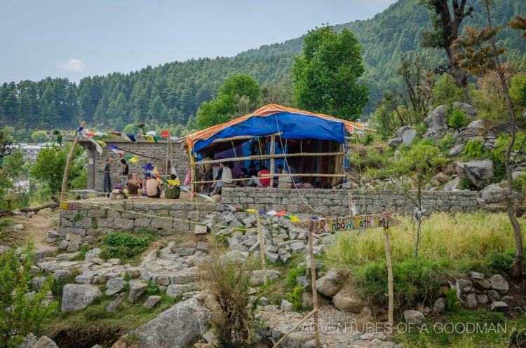 Hippies hanging out at the Rainbow Gathering above Bhagsu, India