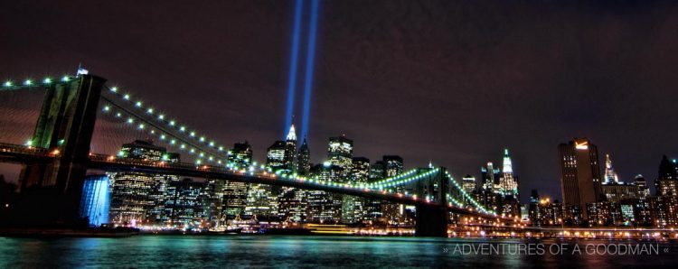 This view of downtown Manhattan once had the mighty Twin Towers of the World Trade Center standing tall where the memorial pillars of light now shine every year on September 11