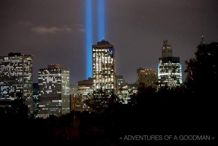 The September 11, 2008, Tribute in Lights as seen from Brooklyn, New York.