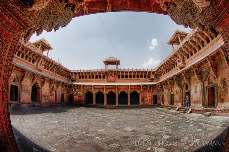 A fisheye photo of one of the inner courtyards at Agra Fort