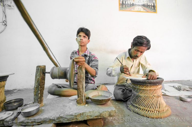 Workers at the marble inlay factory in Agra, India