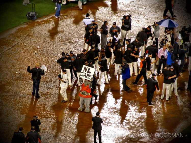 Lou Seal holds up a sign proclaiming the Giants to be the 2012 NL Champs!