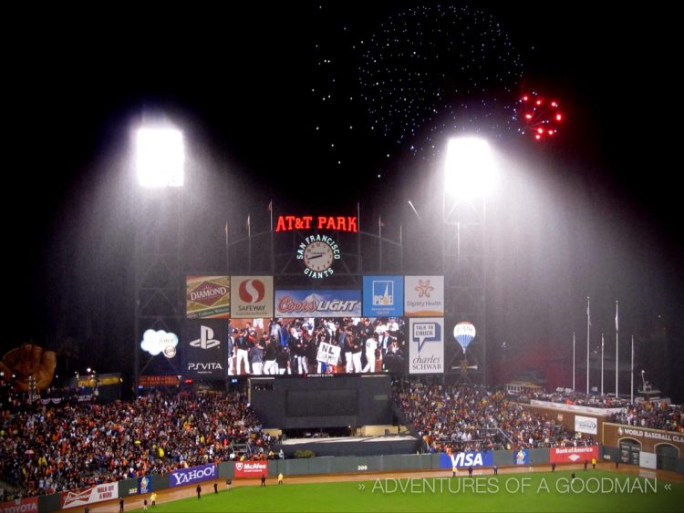 Fireworks go off to celebrate the San Francisco Giants' Game 7 victory in the NLCS