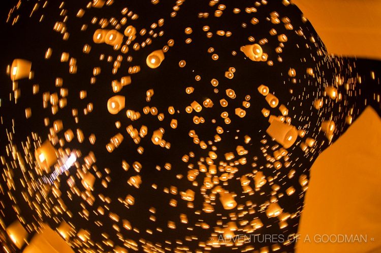 Lanterns in motion after the mass release at the Yi Peng Festival in Chiang Mai, Thailand