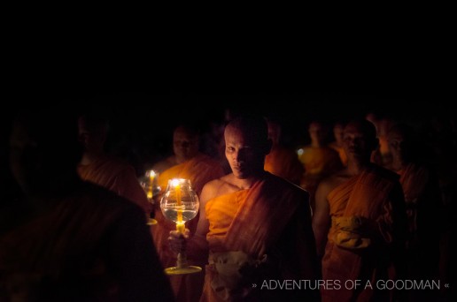 After the group prayer and meditation session, a procession of Monks and VIPs did three laps around the central Buddha statue at Lanna Dhutanka - Yi Peng Loi Kratong Festival @ Mae Jo University, Chiang Mai, Thailand